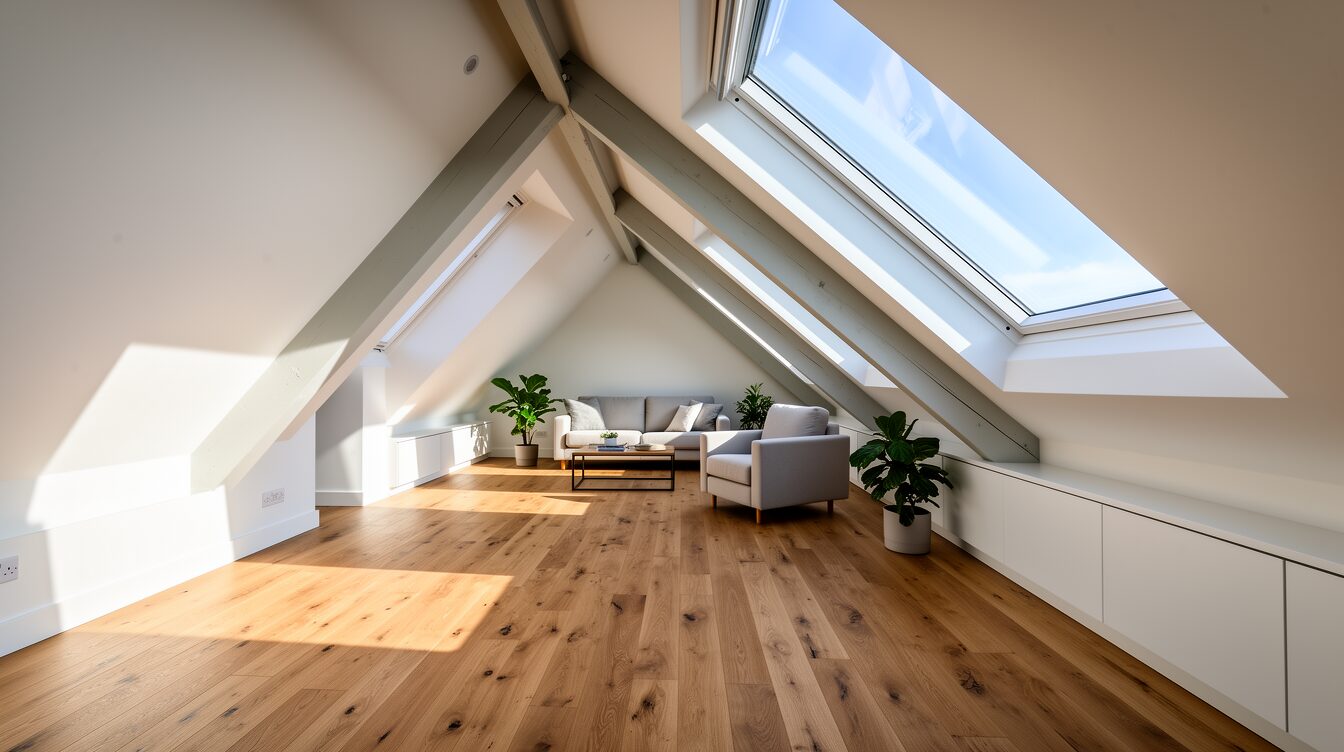 Bright modern loft conversion interior with Velux skylights